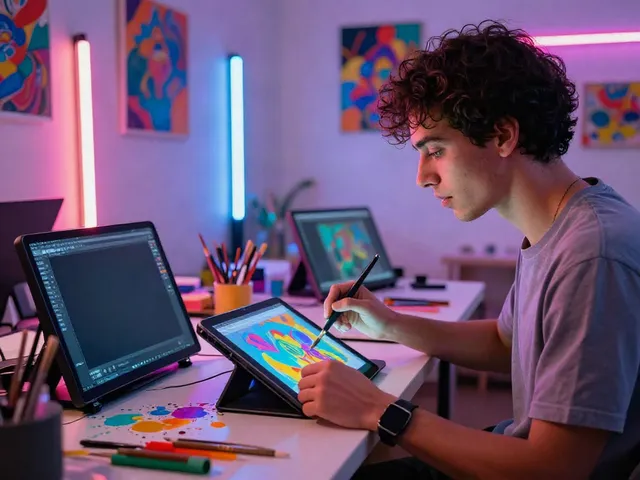Creative artist illustrating 18+ AI art in a vibrant studio during a focused color explosion.