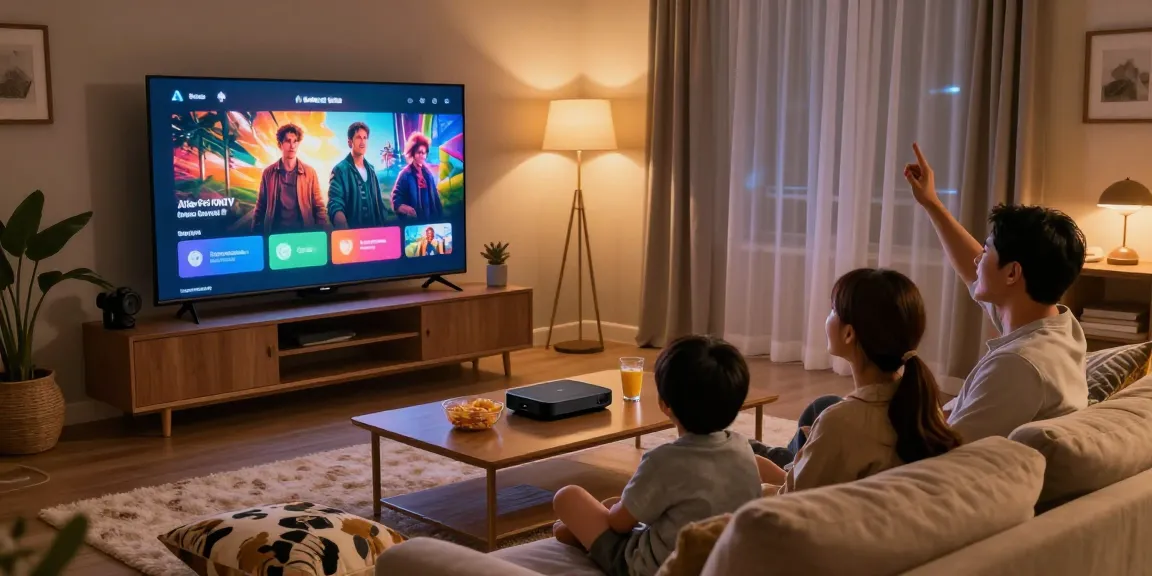 Famille profitant d'Atlas Pro devant leur téléviseur, ambiance chaleureuse.