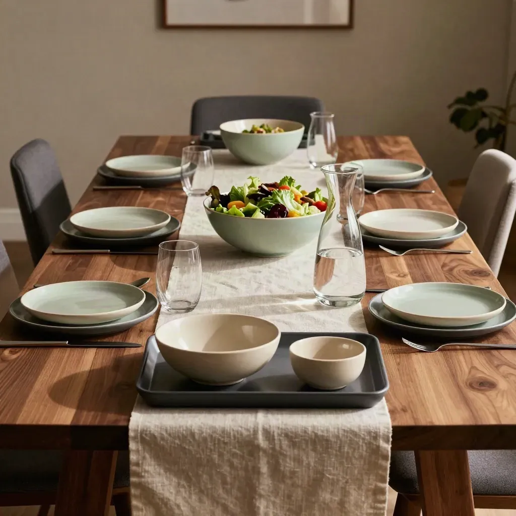 Grand repas familial avec plateaux, bols, salade et carafe sur une grande table en bois.