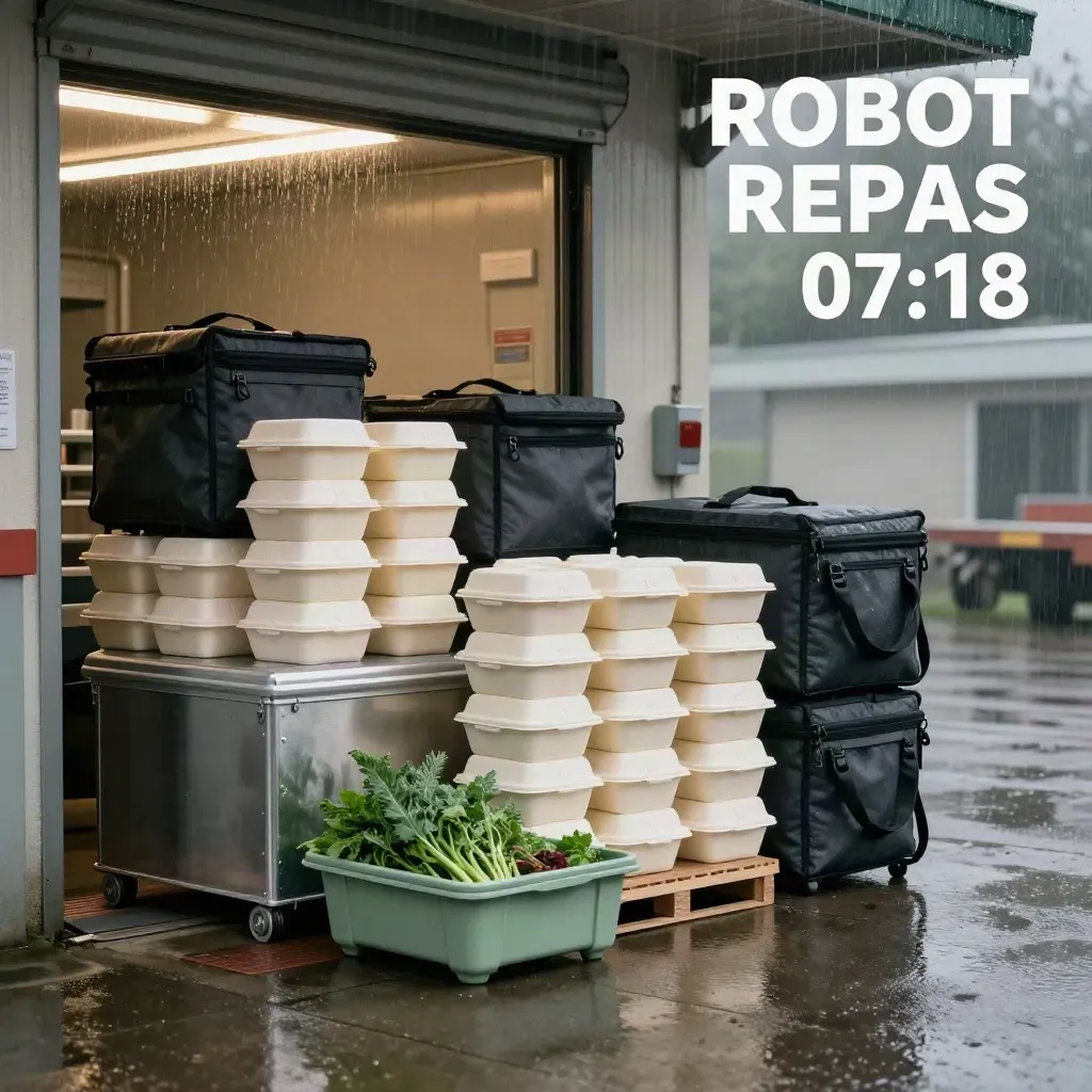 Zone de dispatch avec boîtes repas crème, caisses inox et brouillard matinal sur béton mouillé.