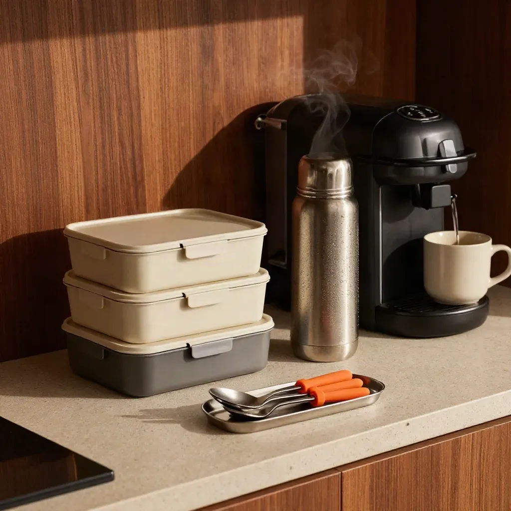Déjeuners prêts à réchauffer avec thermos et couverts sur un coin kitchenette