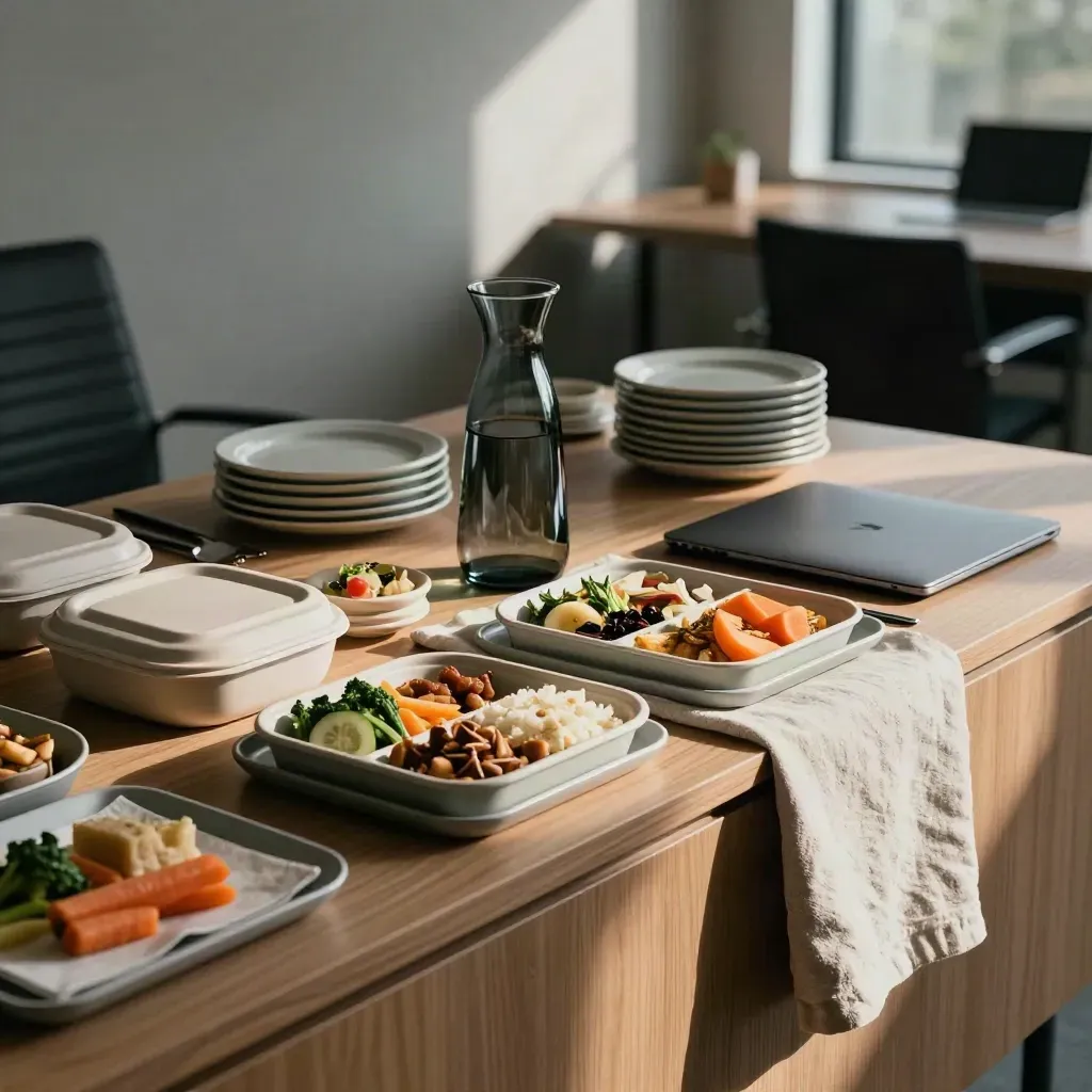 Plateaux-repas sur un buffet de bureau, carafe et laptop fermé dans une lumière cinématographique.