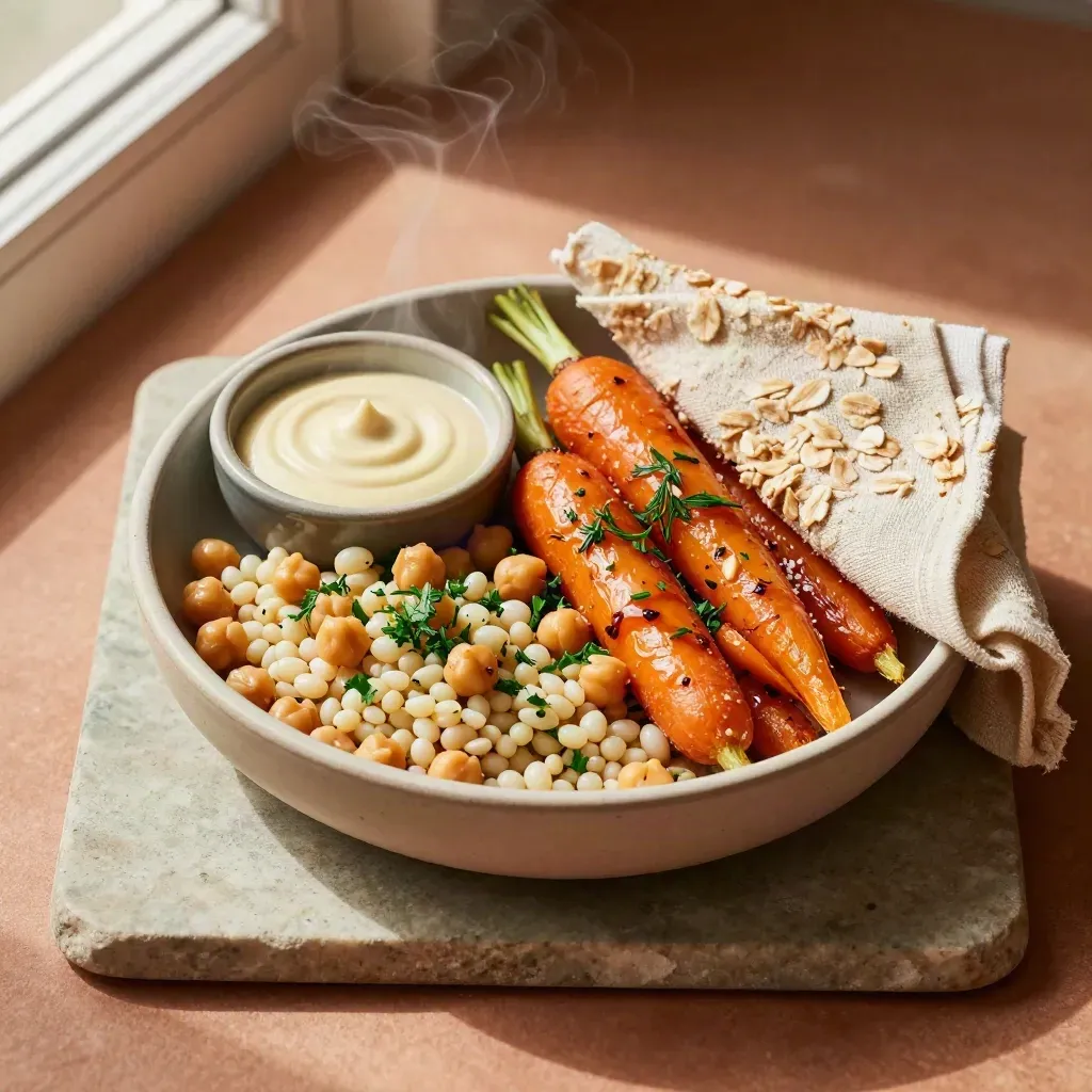 Boîte repas végé ouverte avec carottes rôties, céréales, pois chiches et herbes