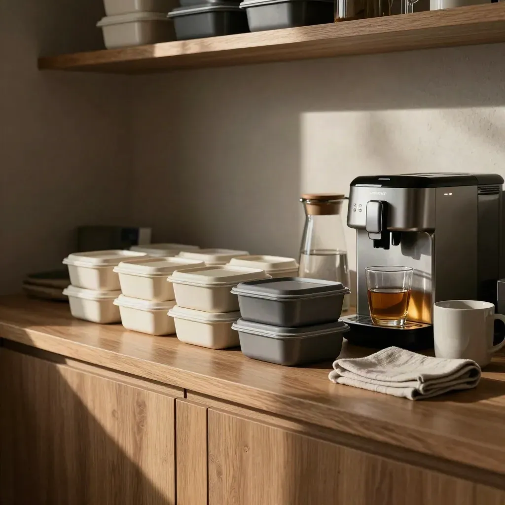 Pantry de bureau calme avec boîtes repas alignées, cafetière et carafe en verre.