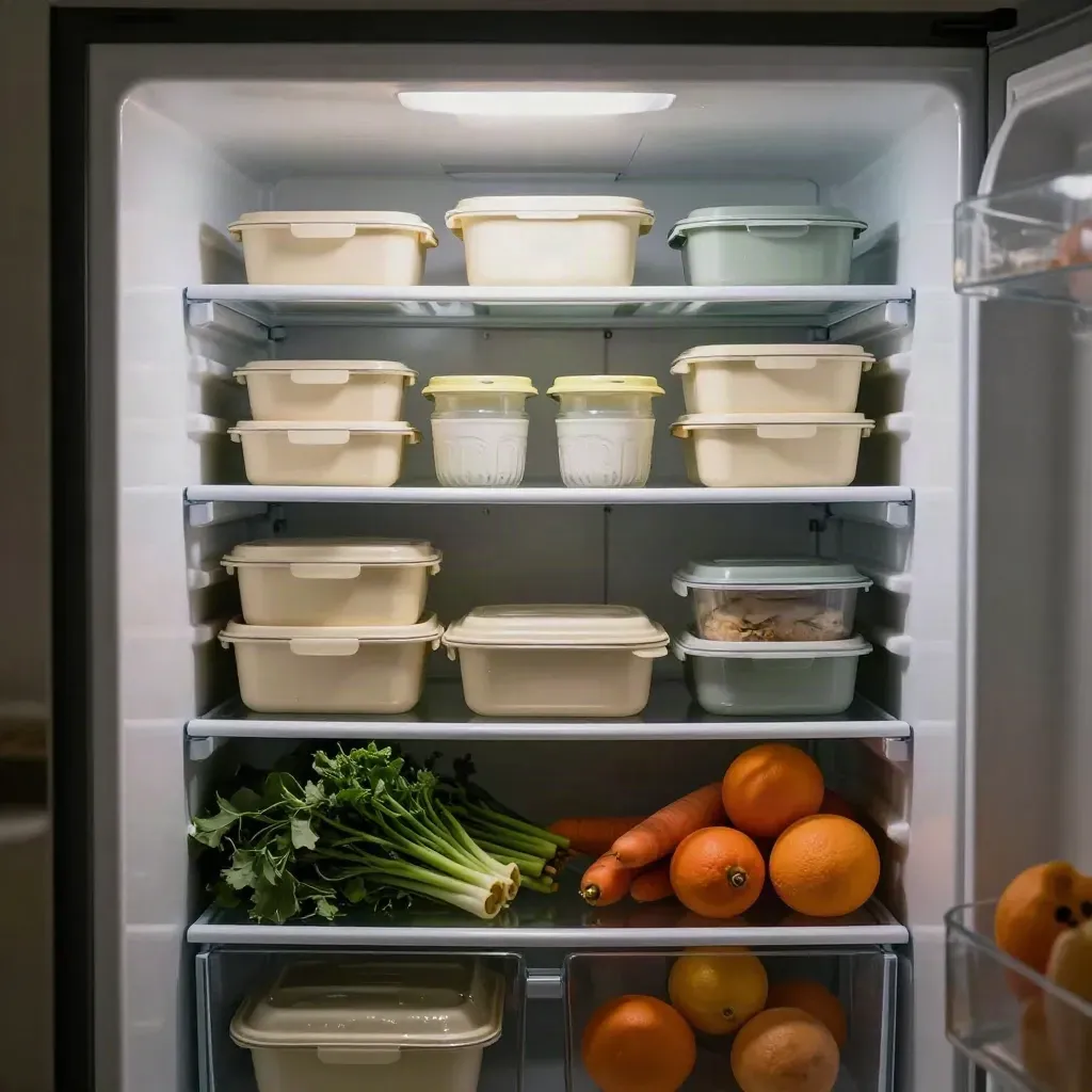 Frigo familial ouvert rempli de repas préparés et de produits frais