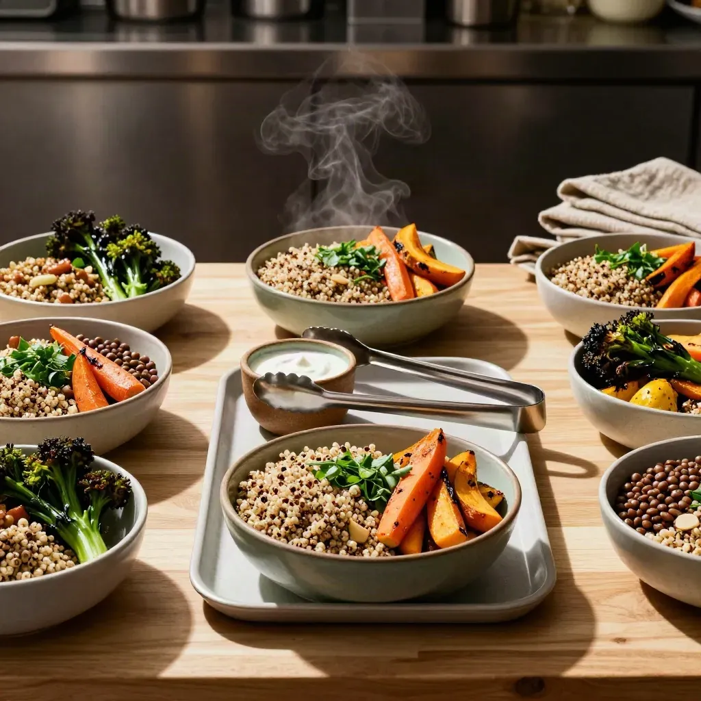 Plateaux végétariens alignés, légumes rôtis et bols de grains dans une cuisine lumineuse.