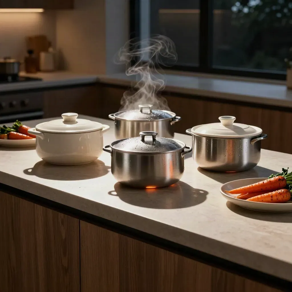 Bowls de dîner fumants sur un îlot de cuisine, fenêtres assombries derrière.