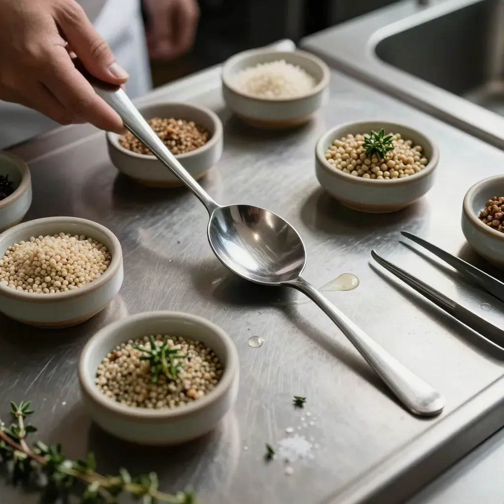 Bols de grains, cuillères de dégustation et herbes fraîches sur un ledge inox de cuisine pro.