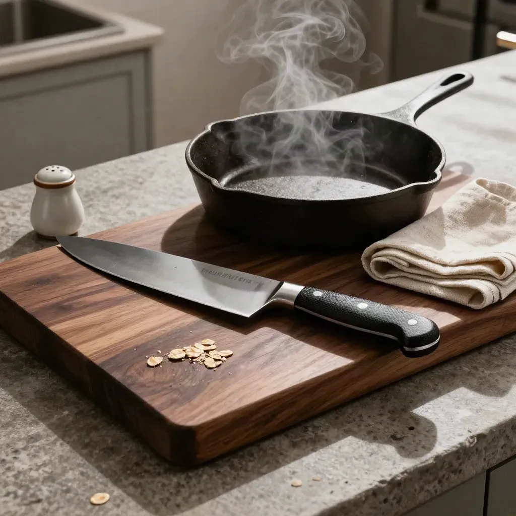 couteau de chef, poêle en fonte, linge plié et salière sur planche sombre, vapeur chaude