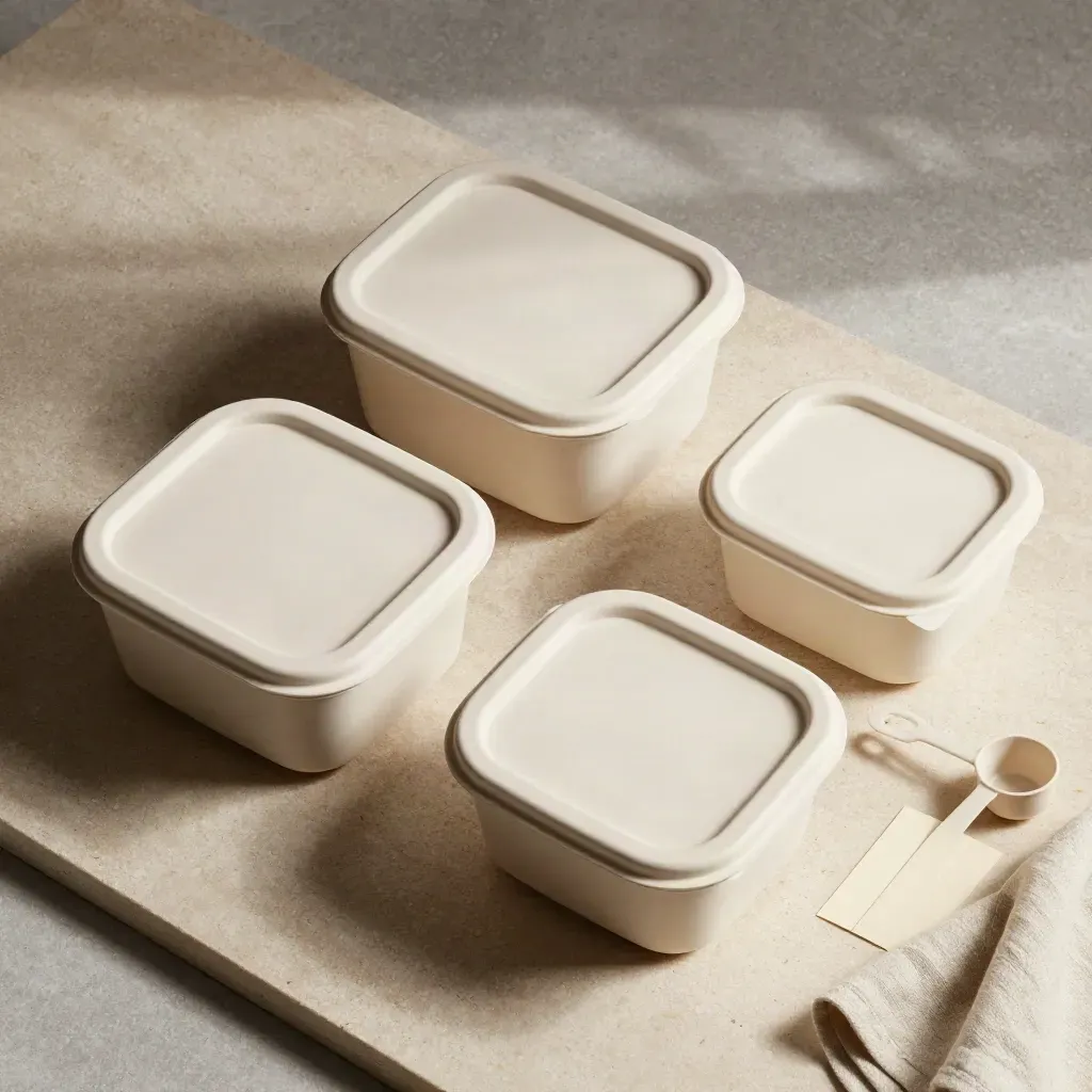Vue de dessus de trois boîtes-repas de tailles différentes avec une cuillère sur pierre claire.