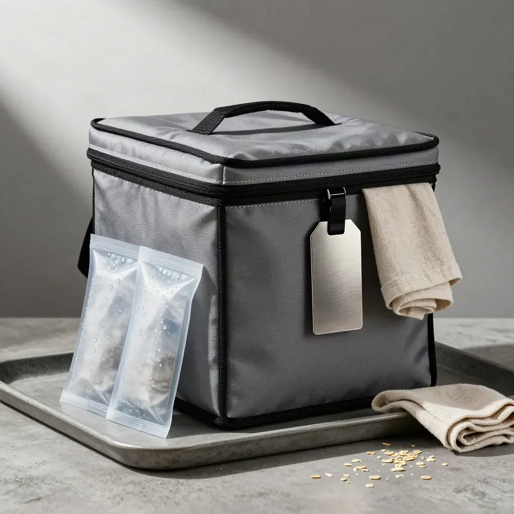 Sac isotherme, pains glacés et étiquette métal sur une dalle de pierre, livraison récurrente.