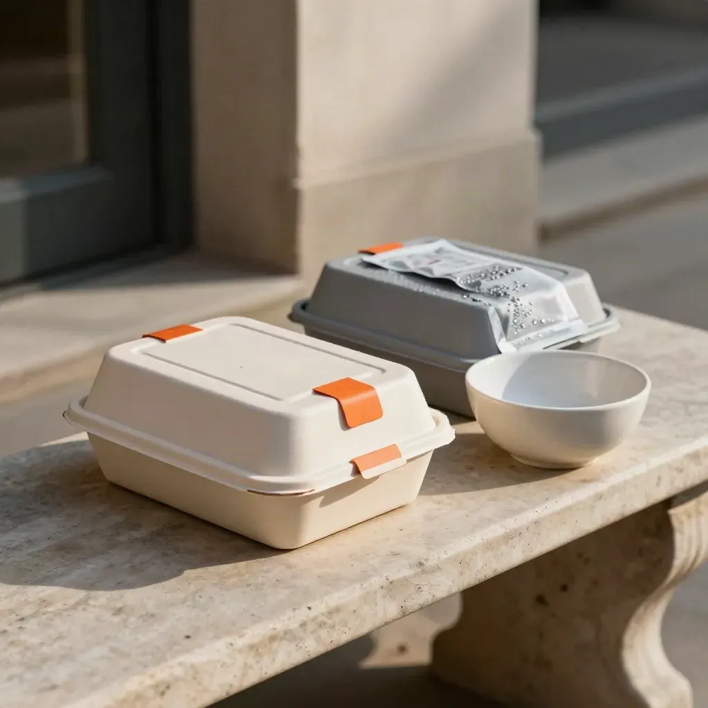 Boîtes-repas scellées sur un banc de pierre avec pain de glace givré et bol en céramique.