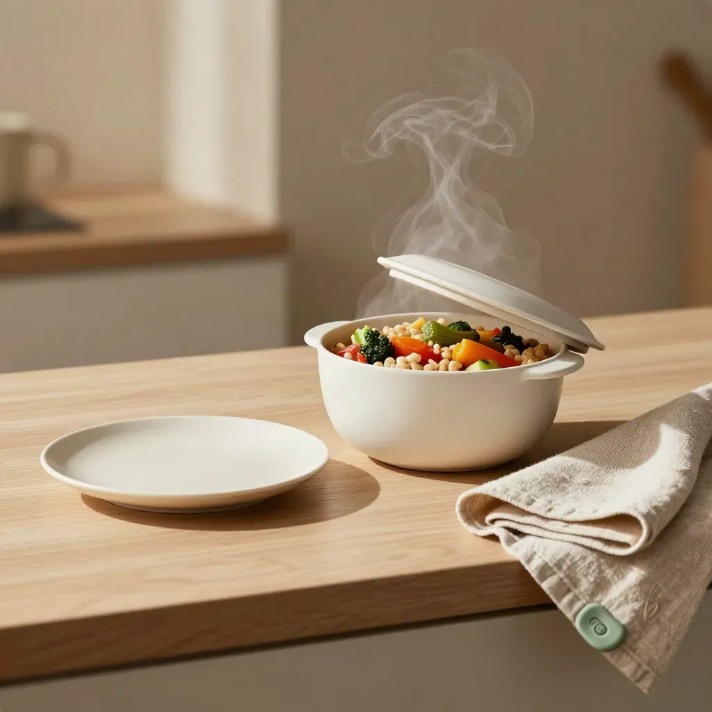 Bol repas ouvert fumant, assiette en céramique et linge plié sur un plan clair.