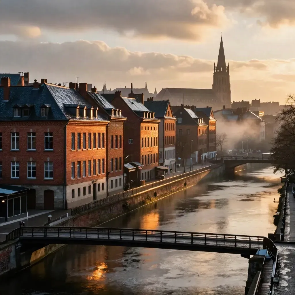 Vue dorée de Lille avec briques rouges, canal calme et beffroi sous une éclaircie.