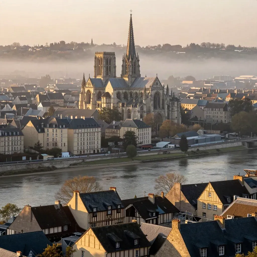 Rouen brumeuse avec les flèches de la cathédrale au-dessus de la Seine