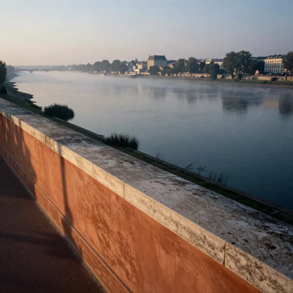 Vue de Nantes au crépuscule, Loire brumeuse et pont lointain sous lumière douce