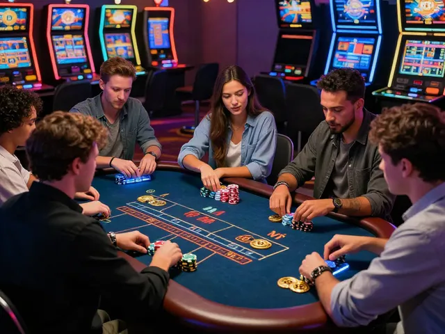 Scène de casino Bitcoin avec des joueurs divers profitant d'une table de jeu lumineuse.