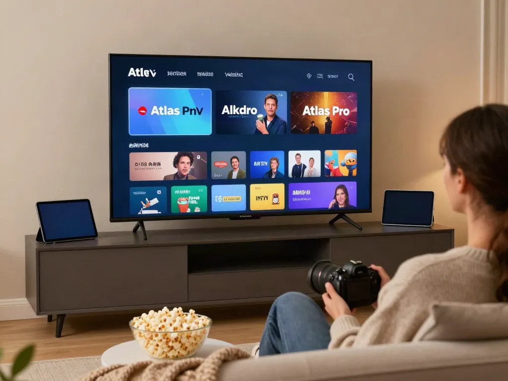 Profitez de l'application atlas pro ontv dans un cadre de divertissement confortable avec un utilisateur et plusieurs appareils connectés.